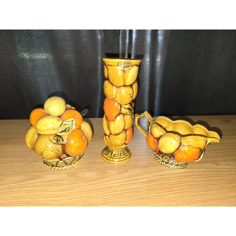 Vtg Inarco Orange Spice Pattern MCM Sugar, Creamer & Vase Set, includes spoon